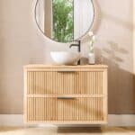 Hangend naturel eiken badkamermeubel 100 cm met twee lades en naturel eiken blad met witte waskom