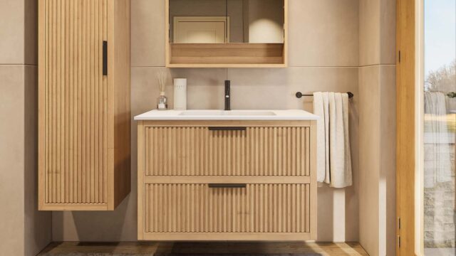Modern naturel eiken badkamermeubel 100 cm met twee lades en mat witte mineraalstenen wastafel