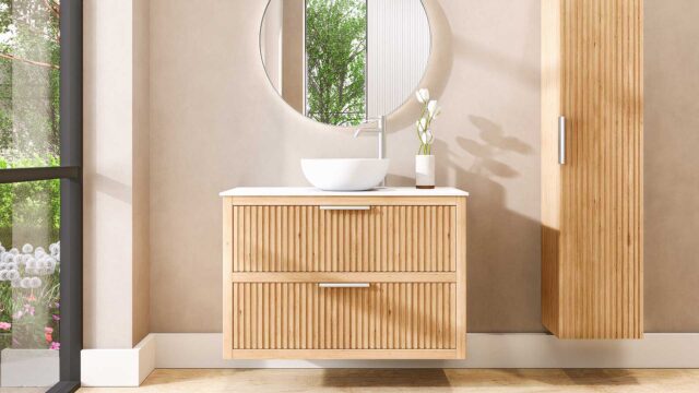 Hangend naturel eiken badkamermeubel 100 cm met ribbelfront, twee lades en solid surface blad met witte waskom