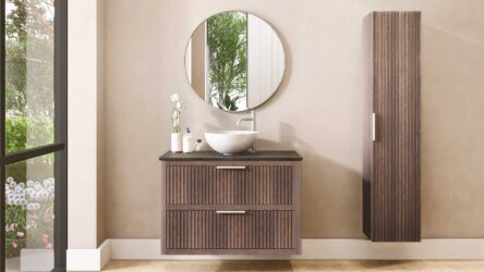 Massief eiken badmeubel 100 cm met ribbelfront, dubbele lade en donker granieten blad met waskom