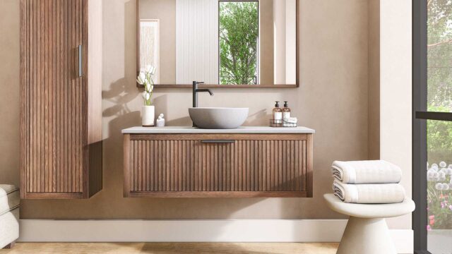 Hangend houten badkamermeubel 120 cm met één lade en grijs limestone blad met één waskom
