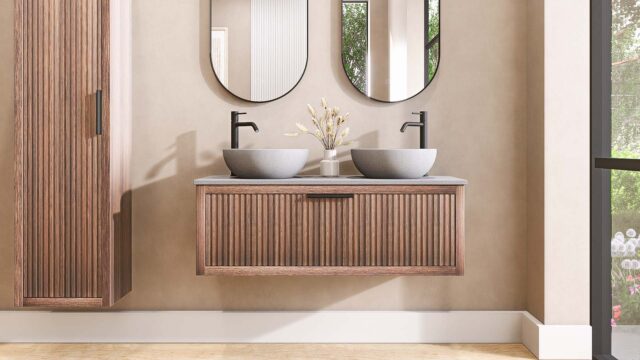 Eiken wastafelmeubel 120 cm met één lade en grijs limestone blad met twee witte waskommen