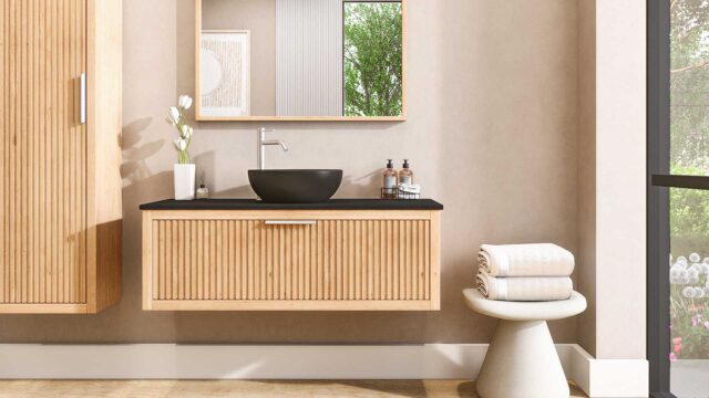 Modern naturel eiken badkamermeubel 120 cm met één lade en limestone blad met één keramische waskom