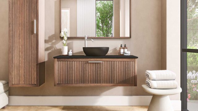 Hangend eiken badkamermeubel 120 cm met één lade en zwart limestone blad met één waskom