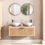 Hangend houten wastafelmeubel 120 cm met één lade en naturel eiken blad met twee waskommen