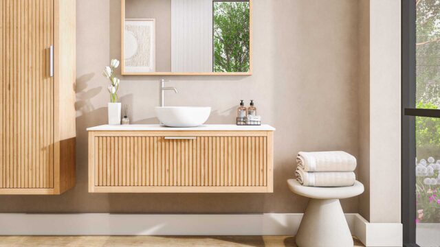 Modern naturel eiken badkamermeubel 120 cm met één lade en solid surface blad met één waskom