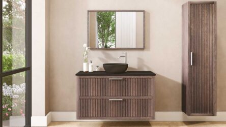 Houten badmeubel 120 cm met twee lades en zwart limestone blad met één keramische waskom