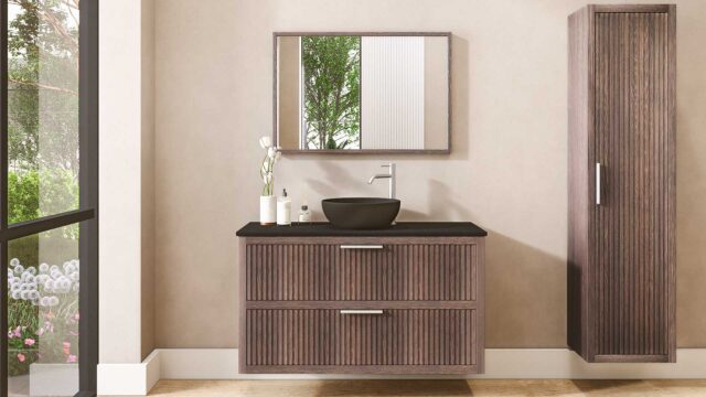 Houten badmeubel 120 cm met twee lades en zwart limestone blad met één keramische waskom