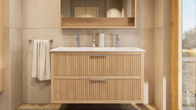 Hangend naturel eiken badkamermeubel 120 cm met twee lades en dubbele mat witte mineraalstenen wastafel