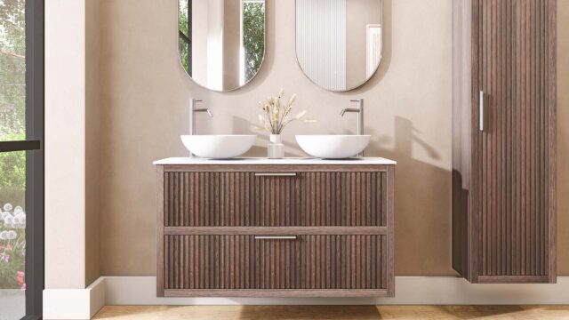 Hangend donker eiken wastafelmeubel 120 cm met ribbelfront, vier lades en solid surface blad met 2 waskommen