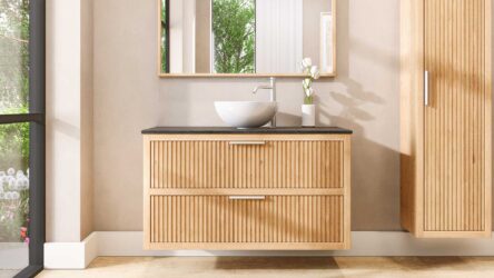Houten wastafelmeubel 120 cm met ribbelfront, twee lades en granieten blad met ronde witte waskom