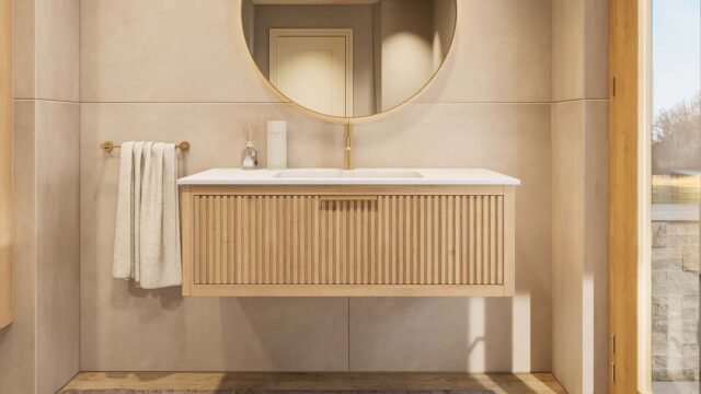 Modern naturel eiken badkamermeubel 120 cm met één lade en mat witte mineraalstenen wastafel