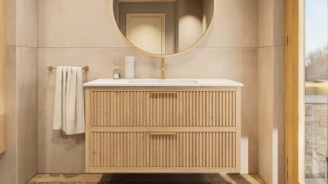 Modern naturel eiken badkamermeubel 120 cm met twee lades en mat witte mineraalstenen wastafel