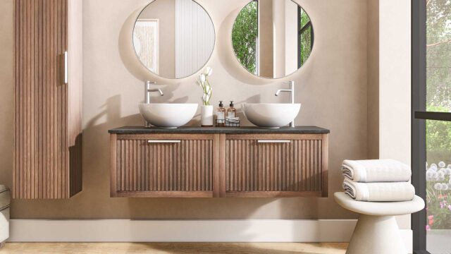 Modern hangend donker eiken badkamermeubel 140 cm met ribbelfront, één lade en granieten blad met witte waskom