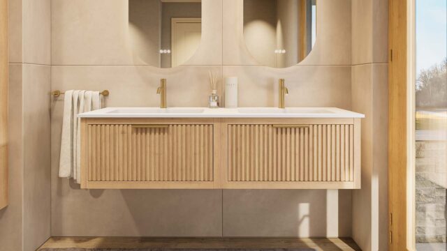 Het Rosenfeld badkamermeubel 160 in naturel eiken combineert ambachtelijk vakmanschap met moderne luxe. Gemaakt van massief eiken met ribbelfront, softclose lades en een dubbele matwitte Mineraalsteen wastafel. De wastafel kan met of zonder kraangate