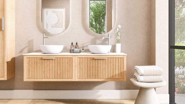 Hangend naturel eiken badkamermeubel 160 cm met één lade en solid surface blad met witte waskom
