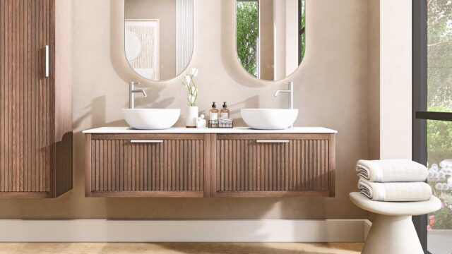 Hangend eiken badmeubel 160 cm met ribbelfront, solid surface blad en twee ronde keramische waskommen