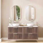 Hangend donker eiken wastafelmeubel 160 cm met ribbelfront, vier lades en solid surface blad met 2 waskommen