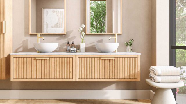 Hangend modern naturel eiken badkamermeubel 200 cm met vlak front, één lade en marmer blad met waskom