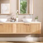 Hangend naturel eiken badkamermeubel 200 cm met één lade en solid surface blad met witte waskom