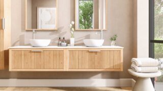 Hangend naturel eiken badkamermeubel 200 cm met één lade en solid surface blad met witte waskom