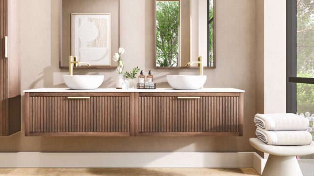 Modern hangend wastafelmeubel 200 cm eiken met ribbelfront, solid surface en twee ronde witte waskommen