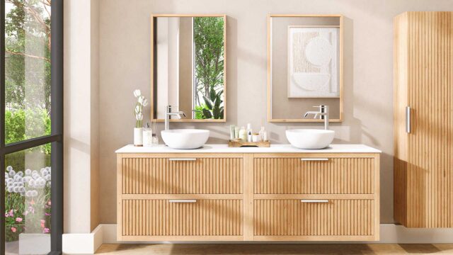 Hangend naturel eiken wastafelmeubel 200 cm met ribbelfront, vier lades en solid surface blad met 2 waskommen