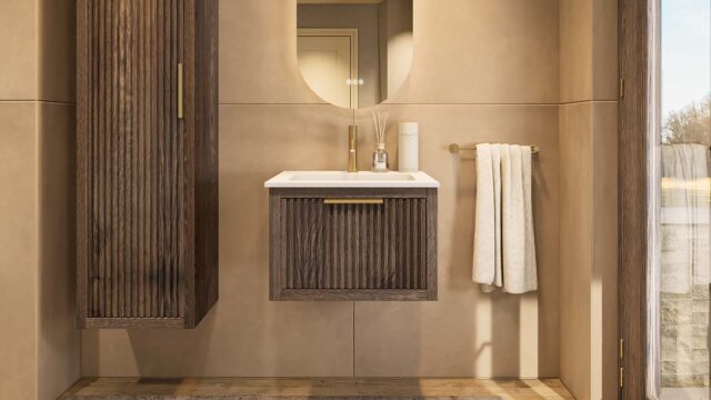 Het Rosenfeld badkamermeubel 60 in donker eiken ademt luxe en rust. Massief eiken met groevenfront, hoogwaardige softclose lades en een matwitte Mineraalsteen wastafel met overloop. De wastafel kan met of zonder kraangaten worden geleverd.