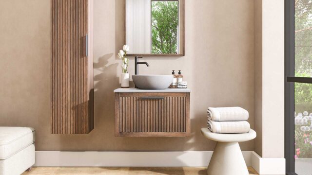Hangend eiken badkamermeubel 70 cm met één lade en grijs limestone blad met keramische waskom