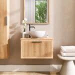 Hangend houten badkamermeubel 70 cm met één lade en naturel eiken blad met witte waskom