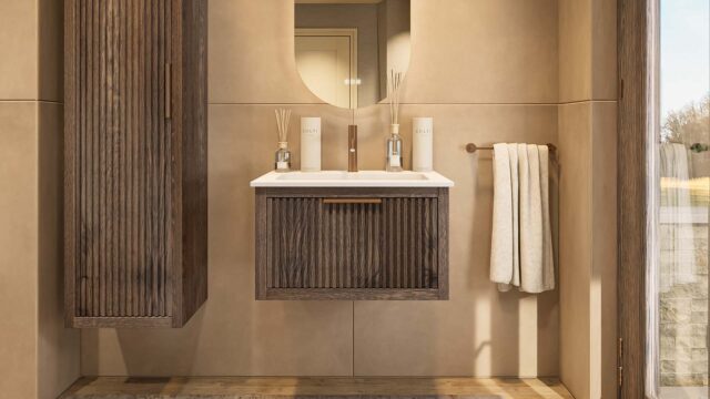Modern donker eiken badkamermeubel 70 cm met één lade en mat witte mineraalstenen wastafel