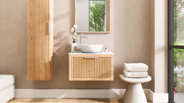 Hangend naturel eiken badkamermeubel 70 cm met één lade en solid surface blad met witte waskom