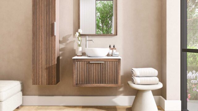 Hangend eiken wastafelmeubel 70 cm met ribbelfront, solid surface blad en ronde witte opbouwwaskom