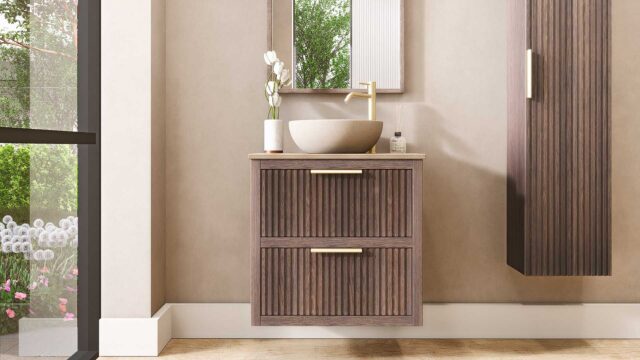 Modern donker eiken badkamermeubel 70 cm met twee lades en limestone blad met witte waskom