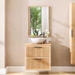 Hangend naturel eiken badkamermeubel 70 cm met twee lades en naturel eiken blad met witte waskom