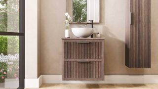 Hangend donker eiken badkamermeubel 70 cm met twee lades en donker eiken blad met witte waskom