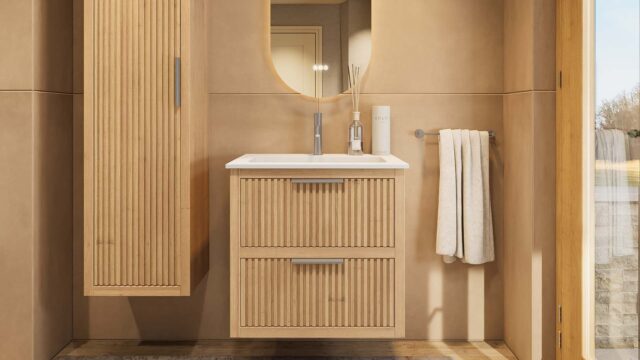 Modern naturel eiken badkamermeubel 70 cm met twee lades en mat witte mineraalstenen wastafel