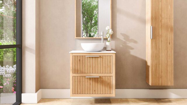 Hangend naturel eiken badkamermeubel 70 cm met ribbelfront, twee lades en solid surface blad met witte waskom