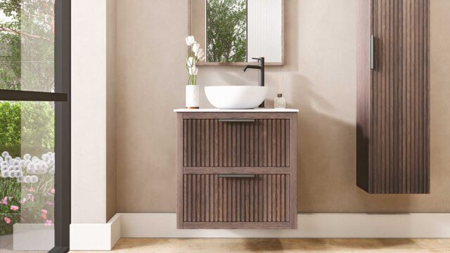 Hangend donker eiken badkamermeubel 70 cm met ribbelfront, twee lades en solid surface blad met witte waskom