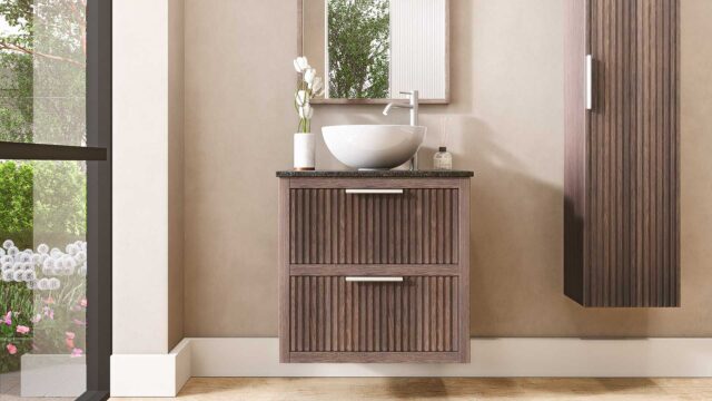 Hangend houten badkamermeubel 70 cm met ribbelfront, dubbele lade en donker granieten blad met waskom