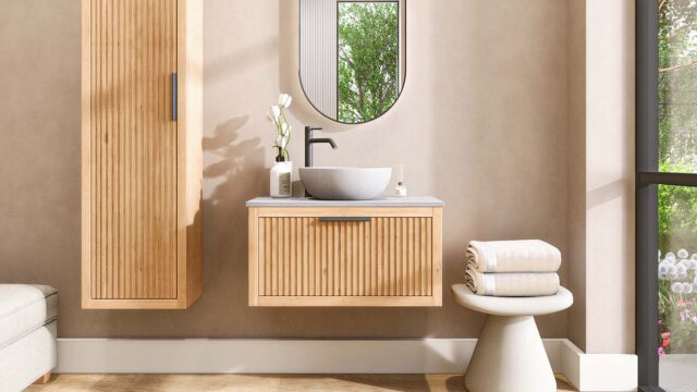 Eiken wastafelmeubel 80 cm met één lade en grijs limestone blad met ronde keramische waskom