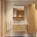 Het Hallberg badkamermeubel 80 in naturel eiken straalt warmte en karakter uit. De softclose-lade biedt praktische opbergruimte, terwijl de betonnen wastafel in Beige zorgt voor een elegante, tijdloze uitstraling. Een ambachtelijk meubel dat perfect