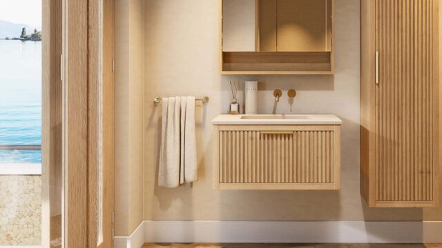 Het Hallberg badkamermeubel 80 in naturel eiken straalt warmte en karakter uit. De softclose-lade biedt praktische opbergruimte, terwijl de betonnen wastafel in Beige zorgt voor een elegante, tijdloze uitstraling. Een ambachtelijk meubel dat perfect