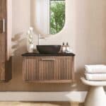 Hangend houten badmeubel 80 cm met één lade en zwart limestone blad met ronde keramische waskom