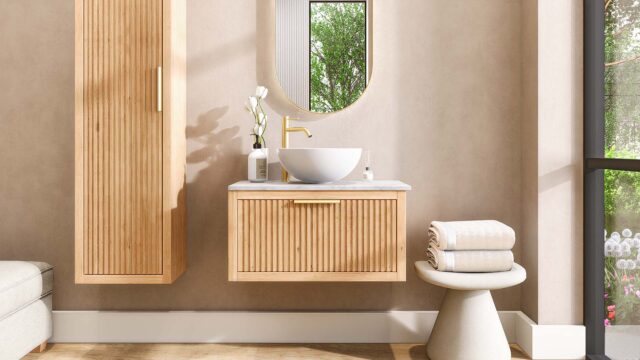 Hangend modern naturel eiken badkamermeubel 80 cm met vlak front, één lade en marmer blad met waskom