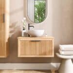 Hangend houten badkamermeubel 80 cm met één lade en naturel eiken blad met witte waskom