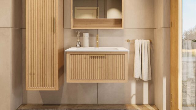 Het Rosenfeld badkamermeubel 80 in naturel eiken combineert ambachtelijk vakmanschap met moderne luxe. Gemaakt van massief eiken met ribbelfront, softclose lades en een matwitte Mineraalsteen wastafel. De wastafel kan met of zonder kraangaten worden