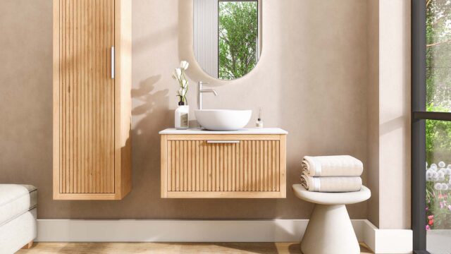 Hangend naturel eiken badkamermeubel 80 cm met één lade en solid surface blad met witte waskom