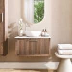 Modern badkamermeubel 80 cm donker eiken met ribbelfront, solid surface en ronde keramische waskom
