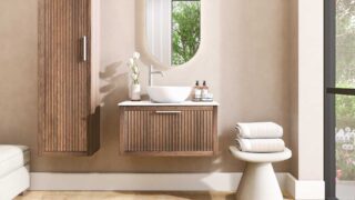 Modern badkamermeubel 80 cm donker eiken met ribbelfront, solid surface en ronde keramische waskom